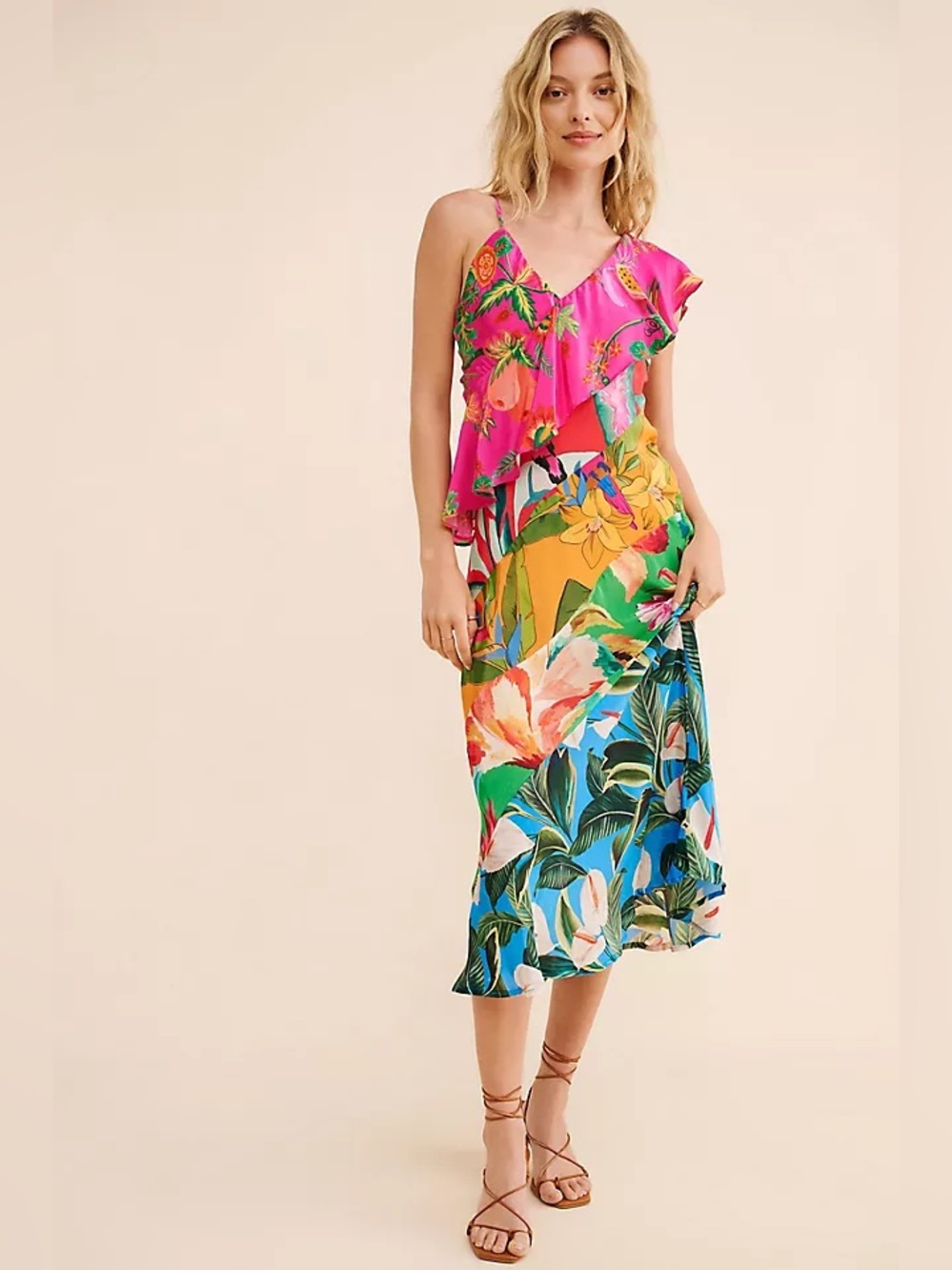 🌴 FARM Rio NWT One Shoulder Tropical  Maxi Dress Parrot Print Pink Size S $320